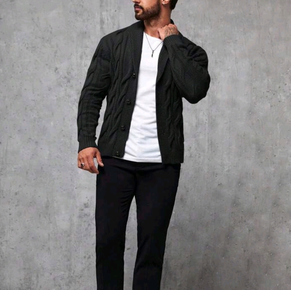 Men Shawl Collar Cable Knit Cardigan - Picture 6 of 6